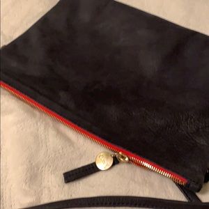 Clare V. Navy Suede cross-body w/red & gold zipper